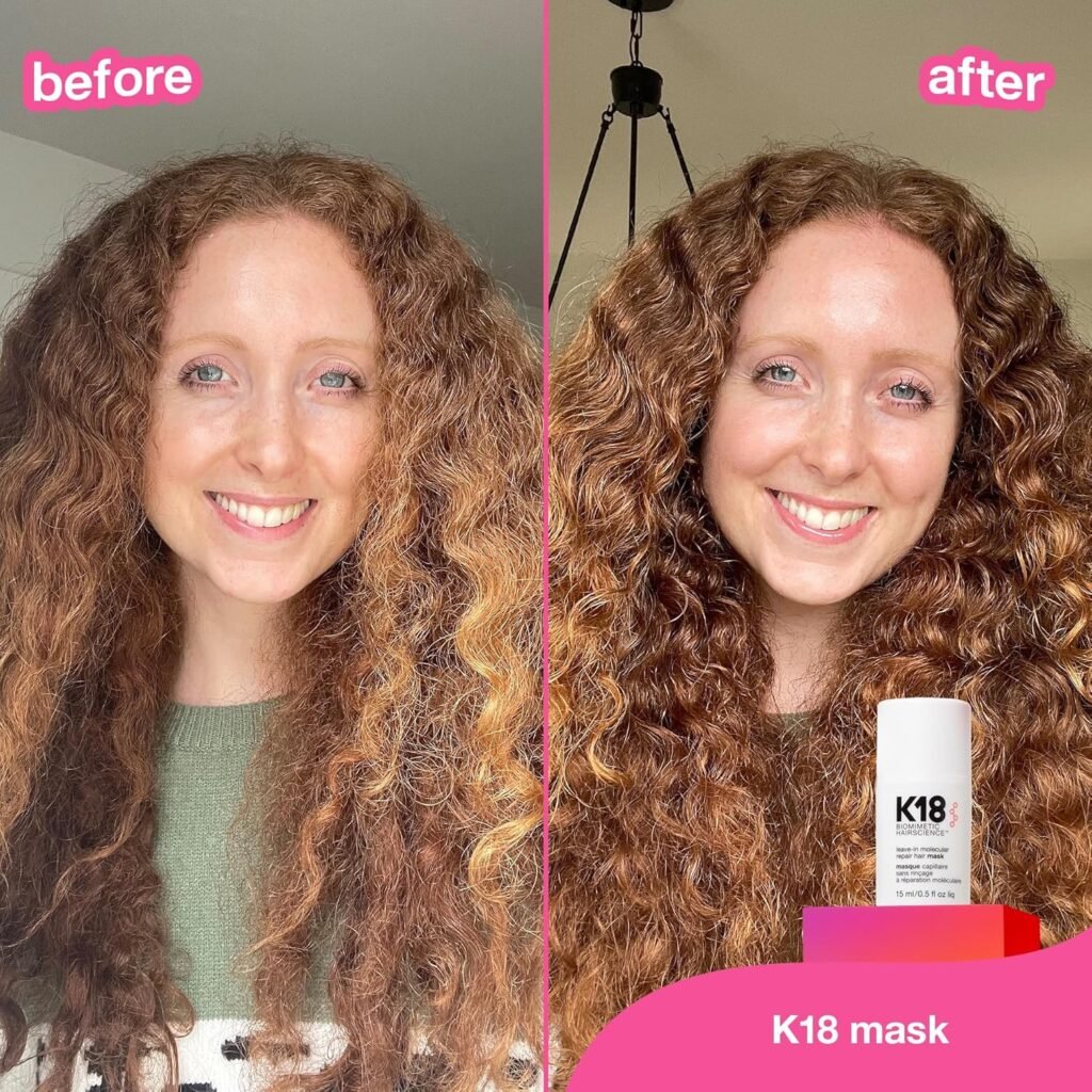 : A "before and after" split-screen of a woman with long, curly brown hair. In the "before" photo, her curls appear dry and frizzy. In the "after" photo, using the K18 mask, the curls are noticeably more defined, shiny, and hydrated. A small bottle of the K18 Leave-In Molecular Repair Hair Mask is pictured in the bottom right corner.