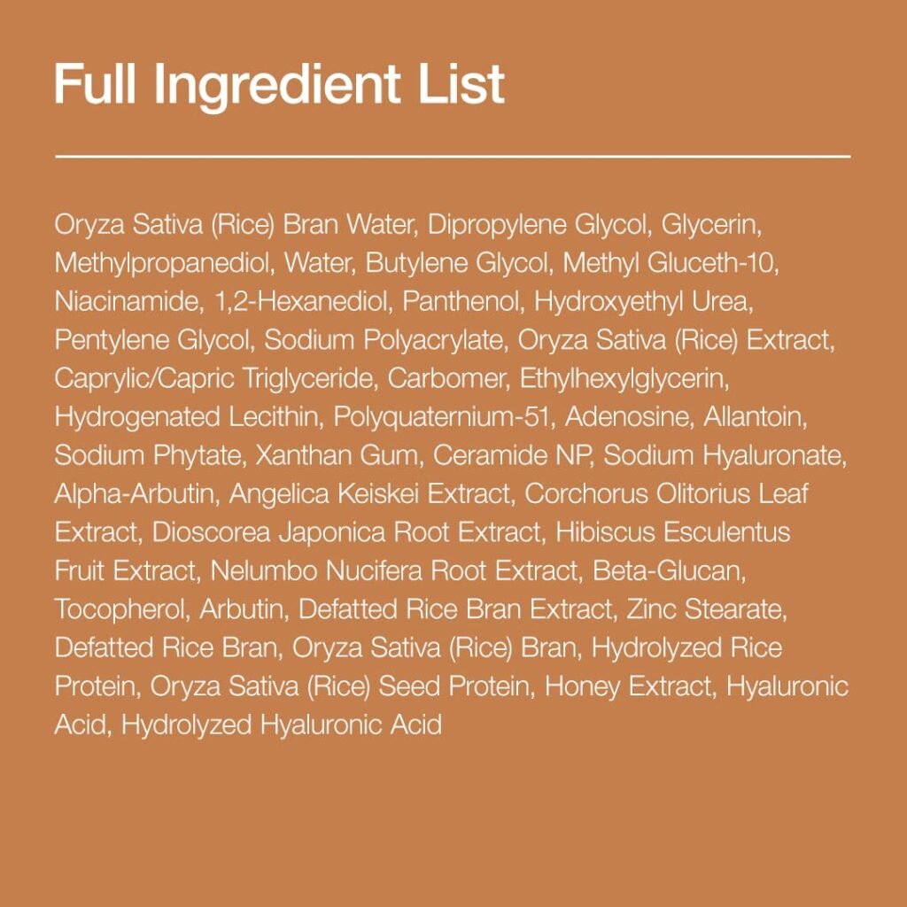 A detailed "Full Ingredient List" graphic on a warm brown background, listing all components including Oryza Sativa (Rice) Bran Water, Niacinamide, Ceramides, and Hyaluronic Acid. Farmacy Honey Halo Images