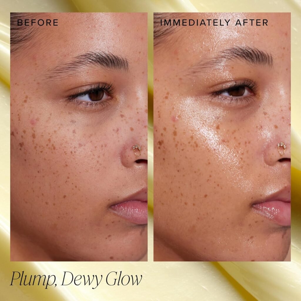 A side-by-side comparison of a person's face showing "Before" with duller skin and "Immediately After" using the product, showing a significant "Plump, Dewy Glow" and high shine on the cheekbones.