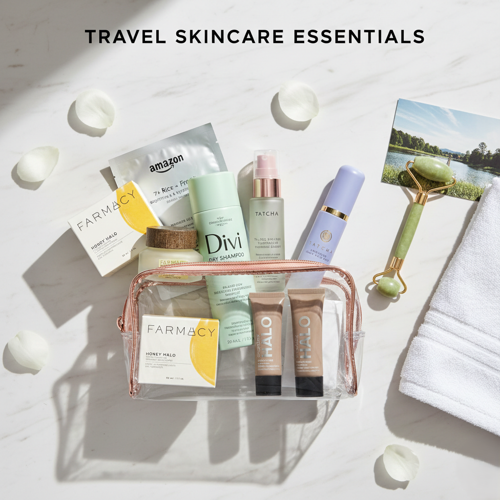 Step-by-step travel skincare routine infographic showing icons for cleansing, hydrating serum, barrier-repair moisturizer, and SPF 50 protection.