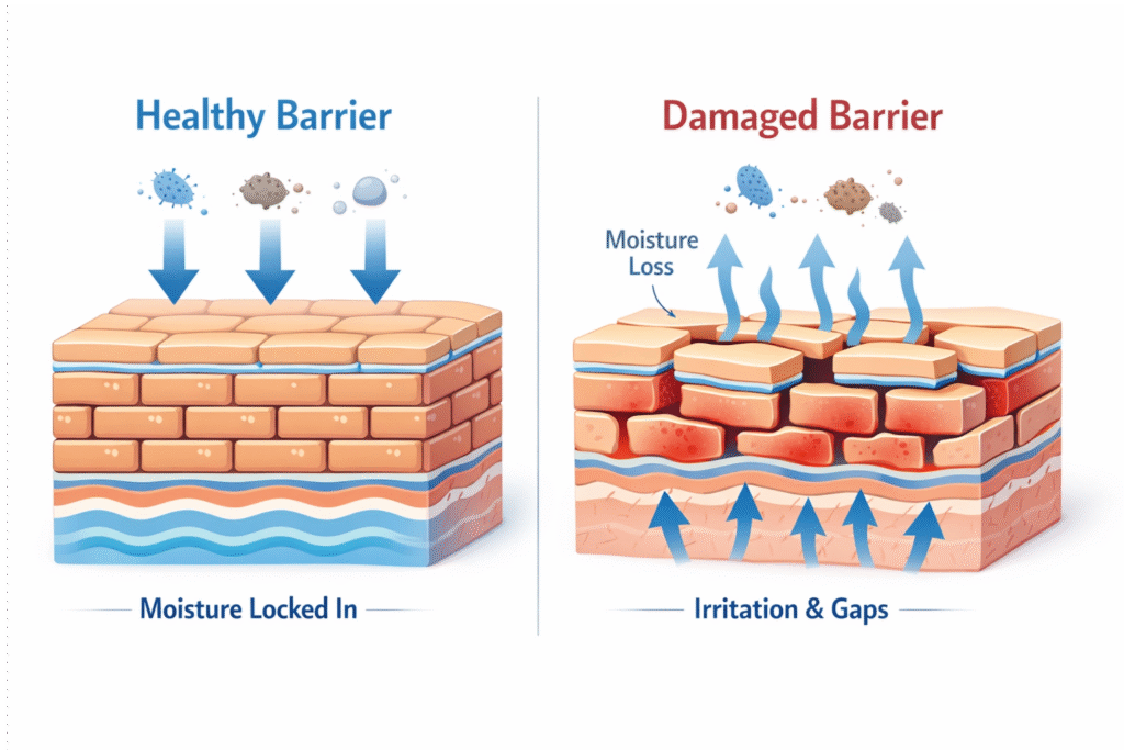A conceptual 3D medical illustration comparing a healthy skin barrier with locked-in moisture versus a damaged barrier with irritation and gaps.
