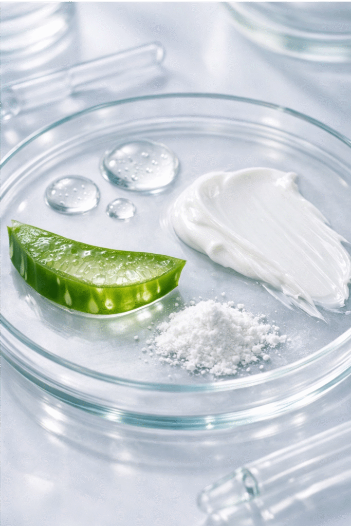 Macro photography of skincare ingredients showing clear serum droplets, white cream texture, and niacinamide powder on a glass laboratory plate.