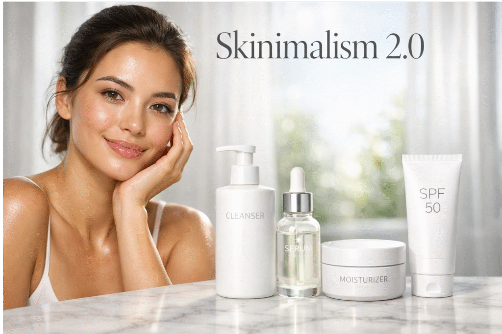 A radiant woman with glowing natural skin posing next to minimalist skincare products including cleanser, serum, and SPF on a marble surface.