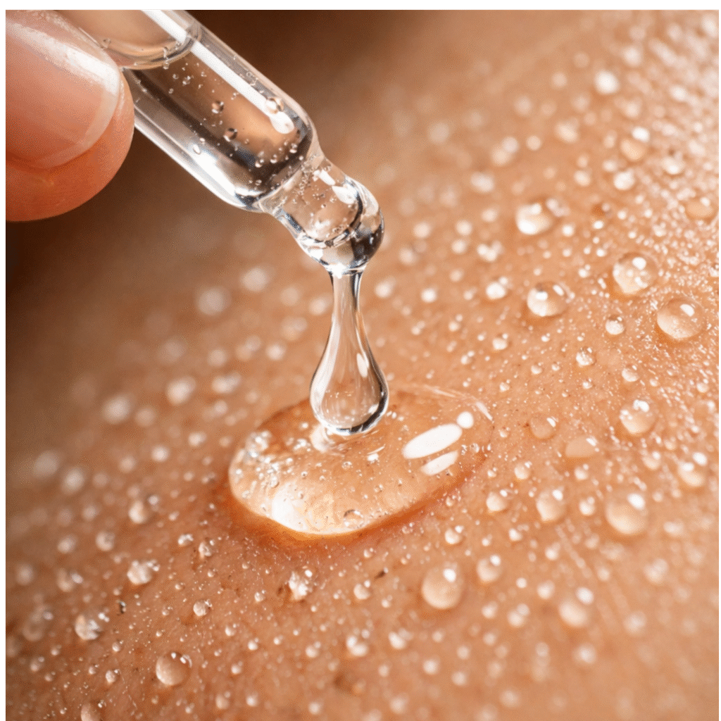 Is Hyaluronic Acid Actually Good for Dry Skin? 2 Macro close-up of a clear serum droplet being applied to damp skin with visible water droplets to prevent transepidermal water loss.