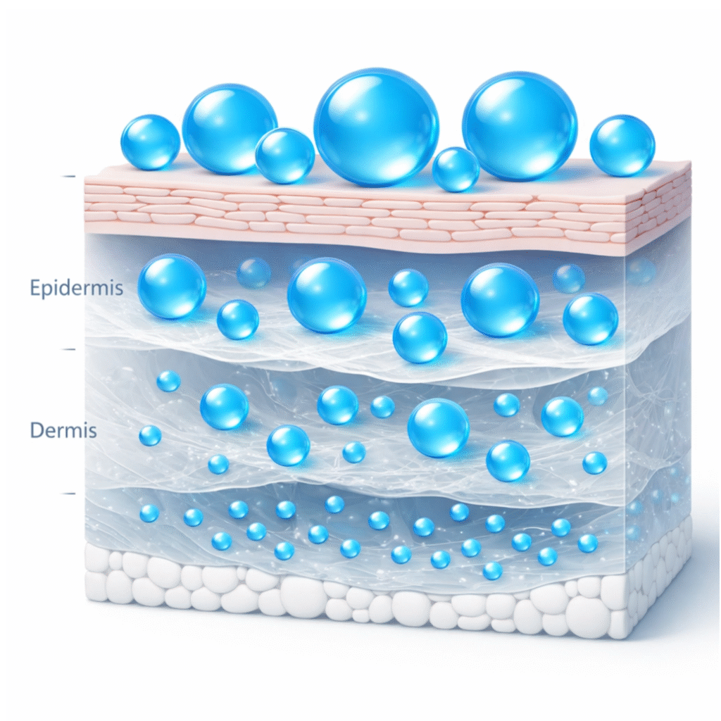 Is Hyaluronic Acid Actually Good for Dry Skin? 3 Skincare infographic showing three key tips: Apply to damp skin, seal with moisturiser, and always use SPF for maximum hydration.