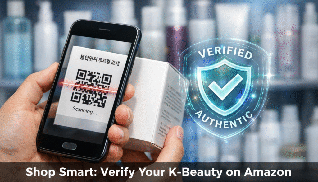 What are the best 'Korean Glass Skin' products available on Amazon in 2026? 3 A hand scanning a QR code on a product box with a "Verified Authentic" digital seal for K-Beauty verification.