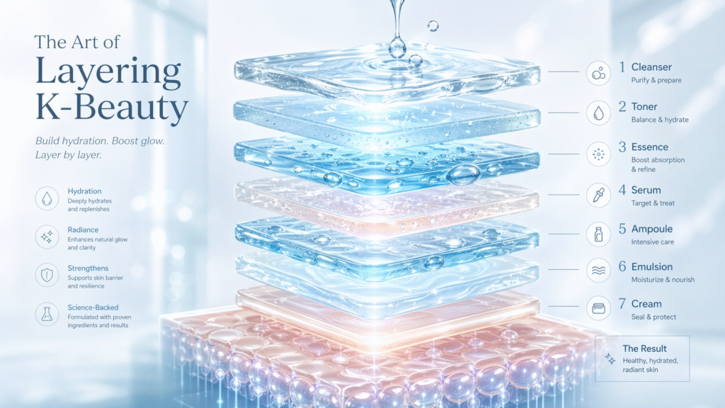 Aesthetic flat lay of viral K-Beauty products on a white marble surface, including snail mucin essence and hydrating toners for a glass skin routine