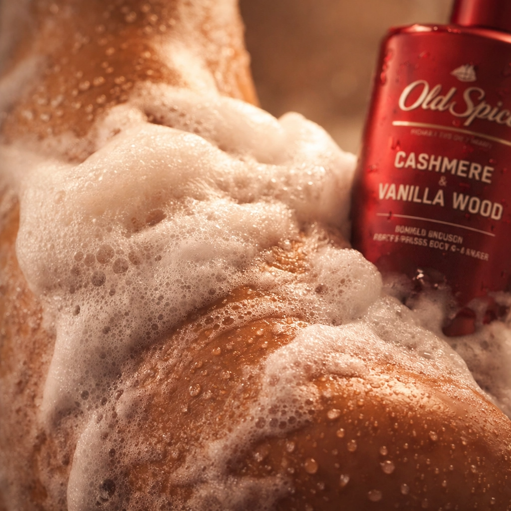 A well-groomed man in a soft cashmere sweater subtly smelling his wrist, illustrating the 4-6 hour long-lasting sophisticated scent of Old Spice Cashmere and Vanilla Wood.
