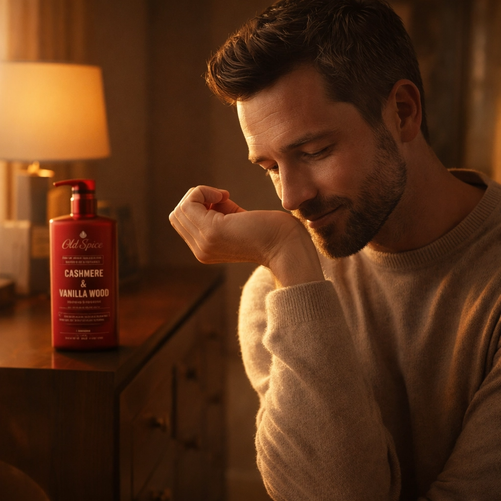A premium group shot of the Old Spice Alchemist Collection featuring the red Cashmere and Vanilla Wood pump bottle alongside other luxury drugstore scents in a modern bathroom setting.