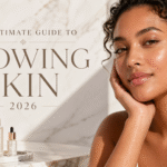 Radiant woman with glowing skin beside luxury skincare serums on a marble surface.