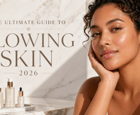 Radiant woman with glowing skin beside luxury skincare serums on a marble surface.