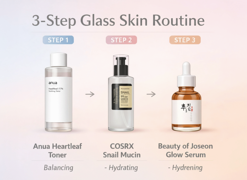 What are the best 'Korean Glass Skin' products available on Amazon in 2026? 2 Infographic of a 3-step glass skin routine featuring Anua Toner, COSRX Snail Mucin, and Beauty of Joseon Serum.