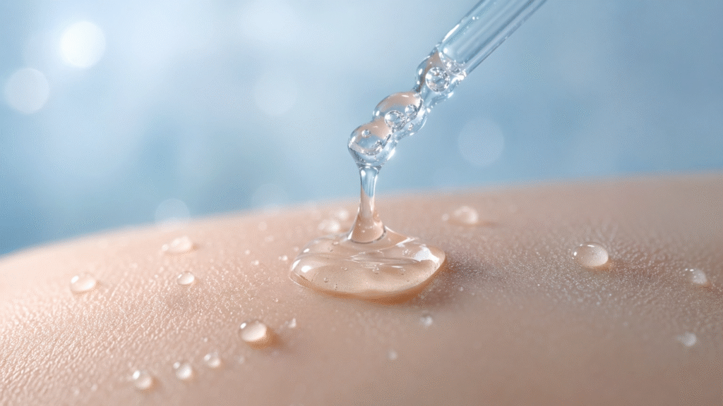 Aesthetic flat lay of viral K-Beauty products on a white marble surface, including snail mucin essence and hydrating toners for a glass skin routine
