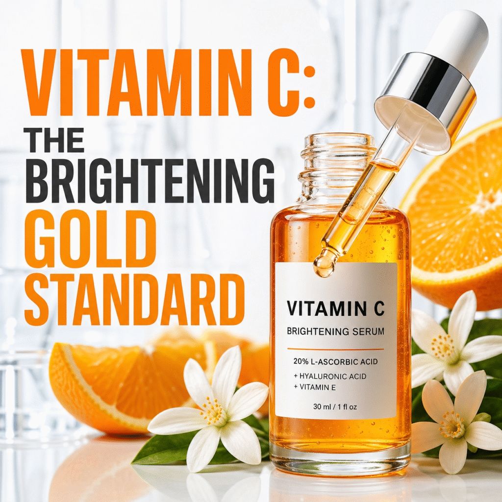 The Ultimate Guide to Glowing and Healthy Skin in 2026 3 Close-up of a Vitamin C serum bottle with a golden dropper and fresh orange slices.
