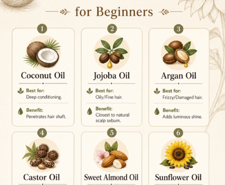 An infographic titled 'Daily Care & Scalp Solutions' showcasing Recipe #3 'Lightweight Everyday Blend' for fine hair and Recipe #7 'Scalp Soothing Relief' for dandruff using Tea Tree and Neem oils.