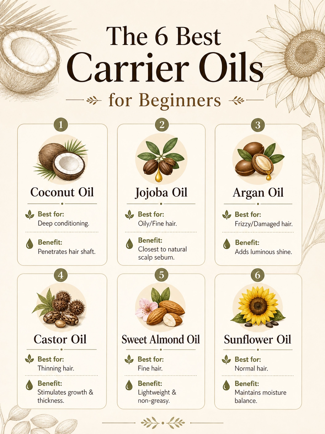 An infographic titled 'Daily Care & Scalp Solutions' showcasing Recipe #3 'Lightweight Everyday Blend' for fine hair and Recipe #7 'Scalp Soothing Relief' for dandruff using Tea Tree and Neem oils.
