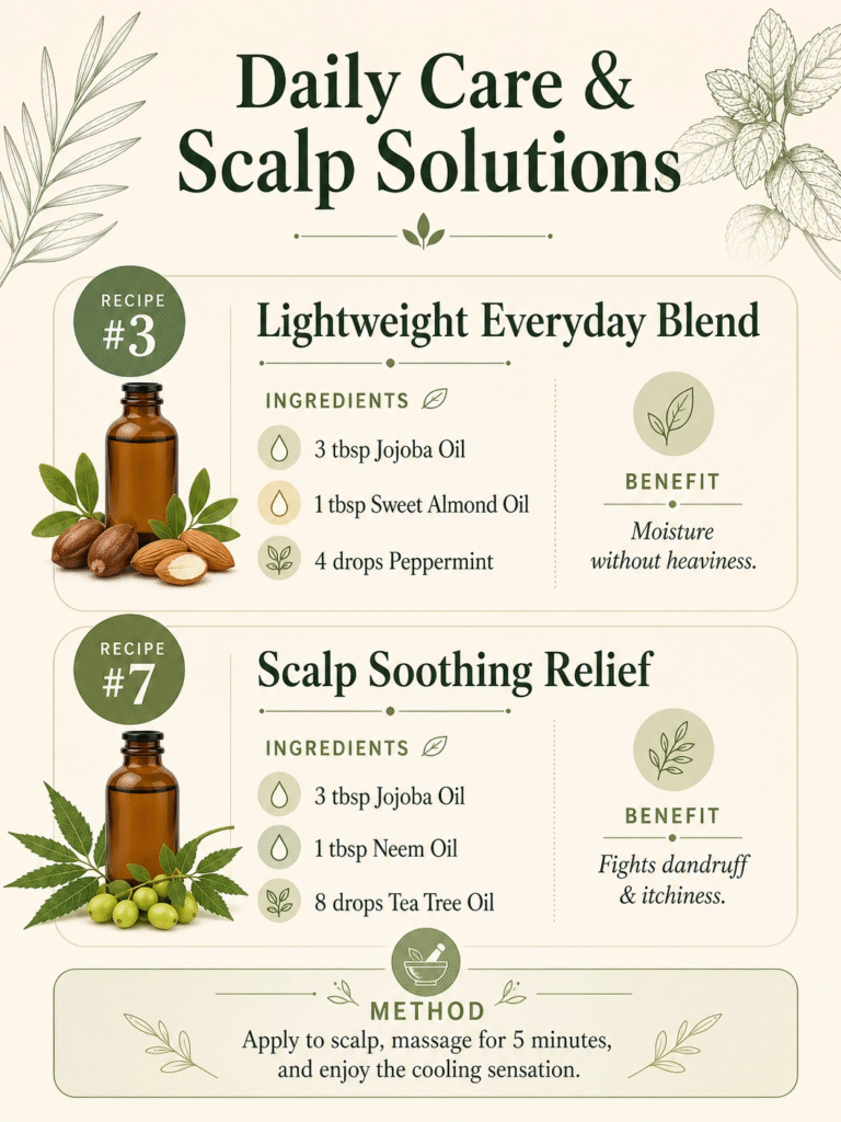 A text-based infographic titled 'Advanced DIY Blends: Growth & Repair' featuring Recipe #5 'The Ayurvedic Powerhouse' (Bhringraj and Amla) and Recipe #2 'Deep Moisture Mask' (Coconut and Argan). It includes a pro tip to warm the oil before use.