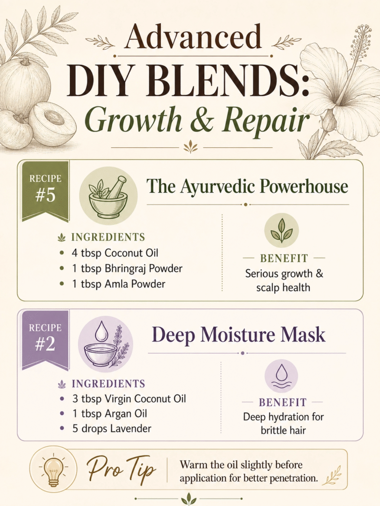 'The 6 Best Carrier Oils for Beginners' showing icons and benefits for Coconut, Jojoba, Argan, Castor, Sweet Almond, and Sunflower oils, explaining which hair types they suit best.