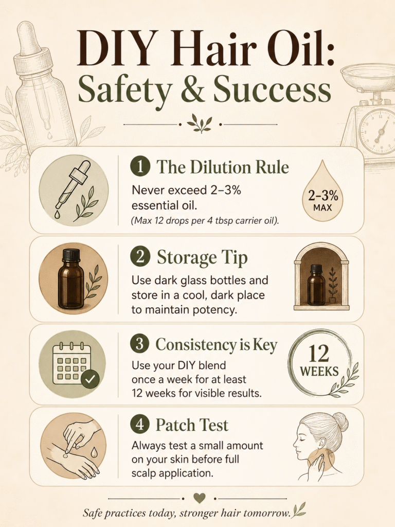 An infographic titled 'Easy DIY Hair Oil Recipes for Beginners' featuring three recipes: 'The Growth Booster' with almond, castor, and jojoba oils; 'Scalp Stimulator' with coconut and rosemary oils; and 'Shine & Softness' with argan and olive oils. It includes a quick tip on massaging the scalp.