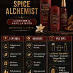 An infographic showing Old Spice scent longevity: Deodorant lasts 6-8 hours, Body Wash 3-4 hours, and Cologne Mist 4-5 hours. A "Layering Bonus" highlights that using all three together delivers 8-10 hours of scent.