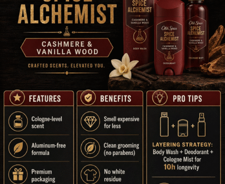 An infographic showing Old Spice scent longevity: Deodorant lasts 6-8 hours, Body Wash 3-4 hours, and Cologne Mist 4-5 hours. A "Layering Bonus" highlights that using all three together delivers 8-10 hours of scent.