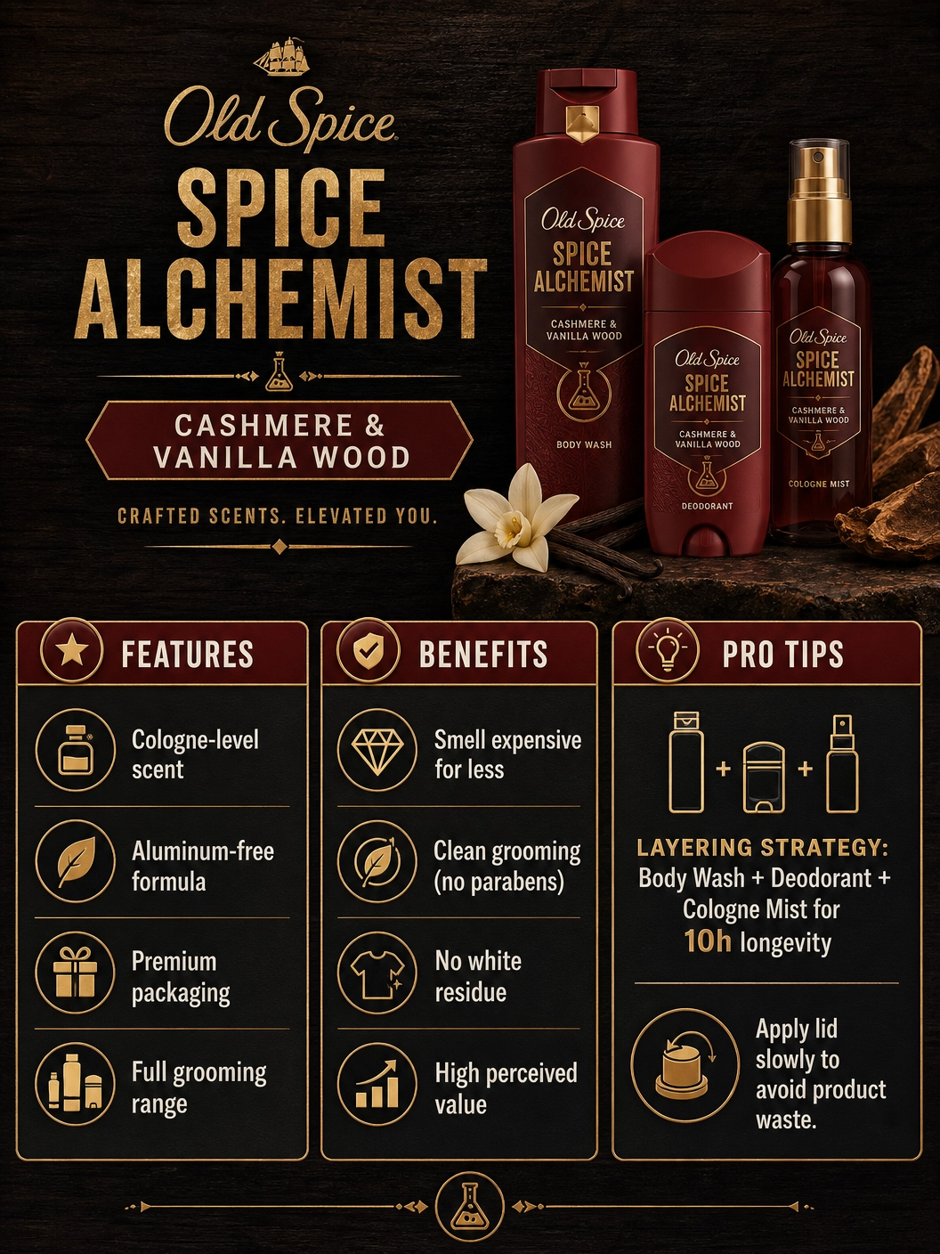 Old Spice Cashmere and Vanilla Wood Review: Worth The Hype? 1 An infographic showing Old Spice scent longevity: Deodorant lasts 6-8 hours, Body Wash 3-4 hours, and Cologne Mist 4-5 hours. A "Layering Bonus" highlights that using all three together delivers 8-10 hours of scent.