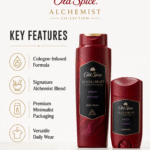 A minimalist feature showcase titled "KEY FEATURES" for the Old Spice Alchemist Collection. It displays icons for a Cologne-Infused Formula, Signature Alchemist Blend, Premium Minimalist Packaging, and Versatile Daily Wear, alongside images of the red body wash and deodorant bottles.