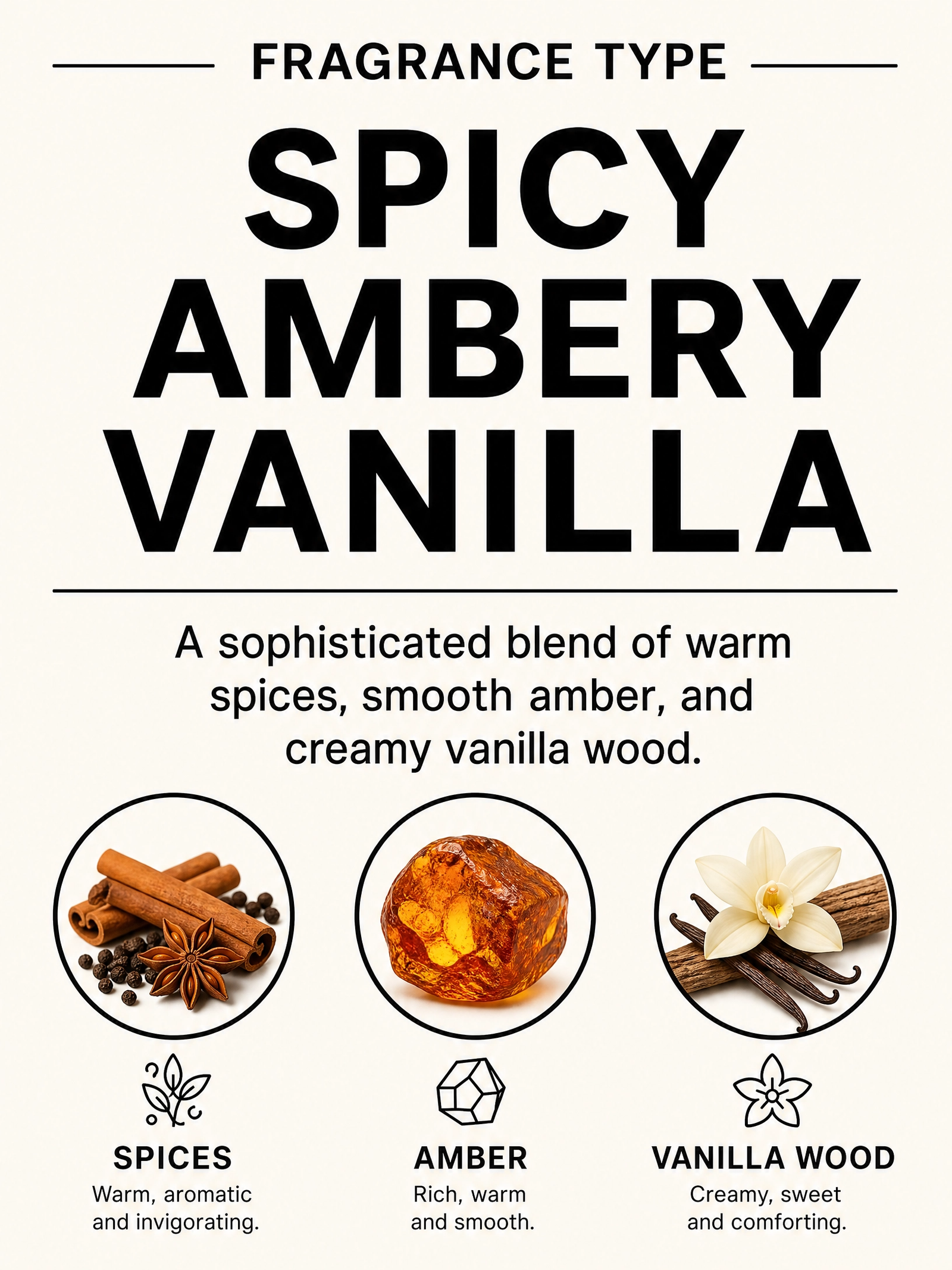 A simple classification infographic titled "FRAGRANCE TYPE" highlighting "SPICY AMBERY VANILLA" in large, bold text. It describes the scent as a sophisticated blend of warm spices, smooth amber, and creamy vanilla wood, with corresponding circular icons for each element.