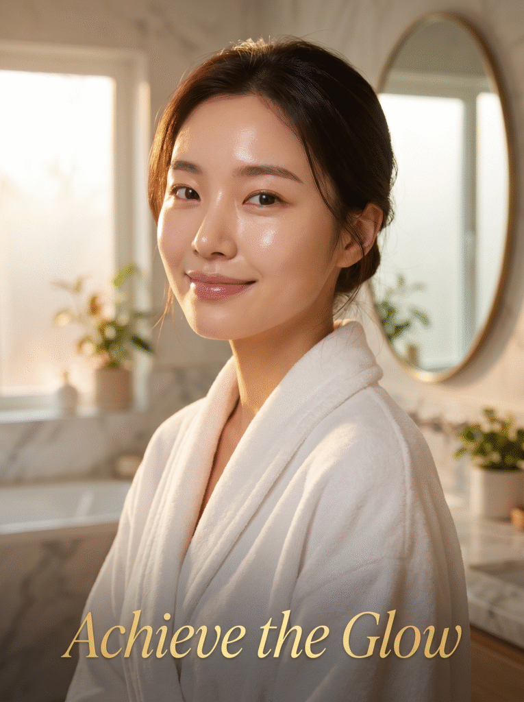 7 Easy Steps to Get Korean Glass Skin at Home (Beginner's Guide) 3 A smiling East Asian woman with radiant, glowing glass skin wearing a white bathrobe in a bright, modern bathroom with the text Achieve the Glow.