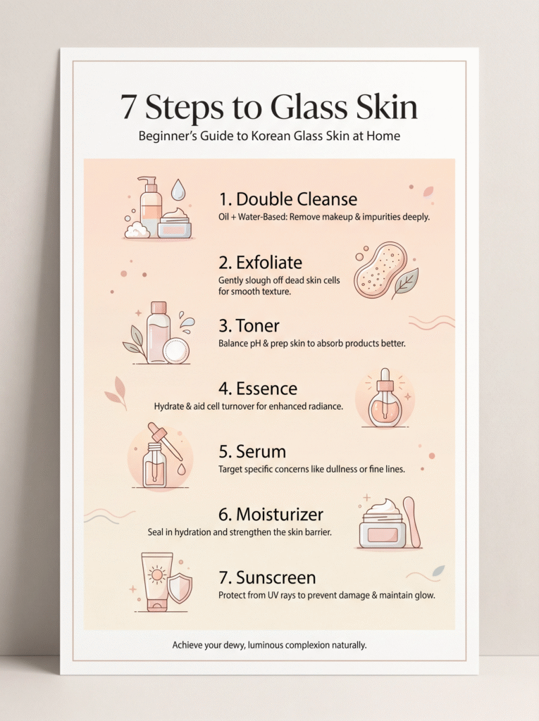 7 Easy Steps to Get Korean Glass Skin at Home (Beginner's Guide) 2 Close-up of a woman washing her face with a foaming cleanser during a double cleansing skincare routine with overlay text Step 1 Double Cleansing.