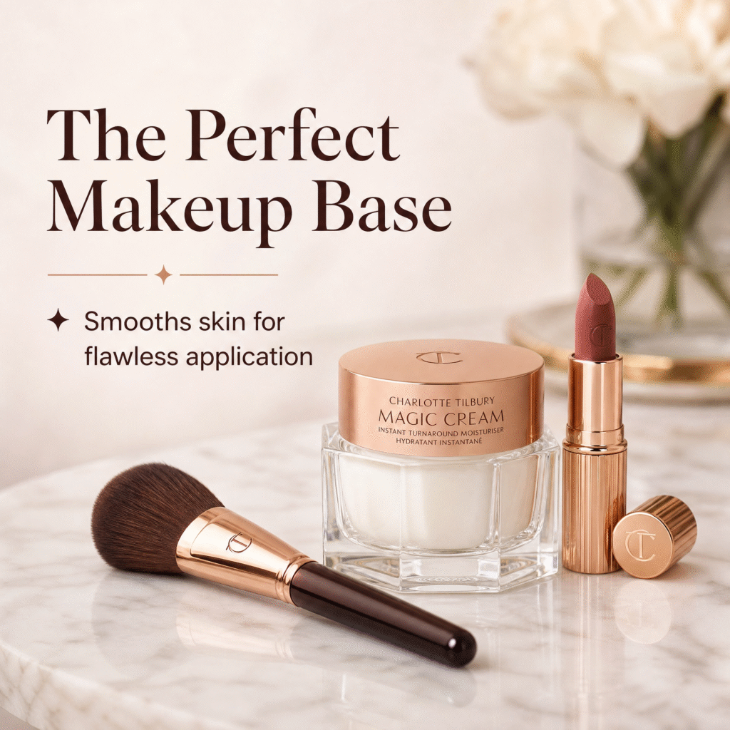 Get flawless makeup application with Charlotte Tilbury Magic Cream! It's the perfect base to smooth your skin and make your makeup last longer. Your ultimate beauty prep!