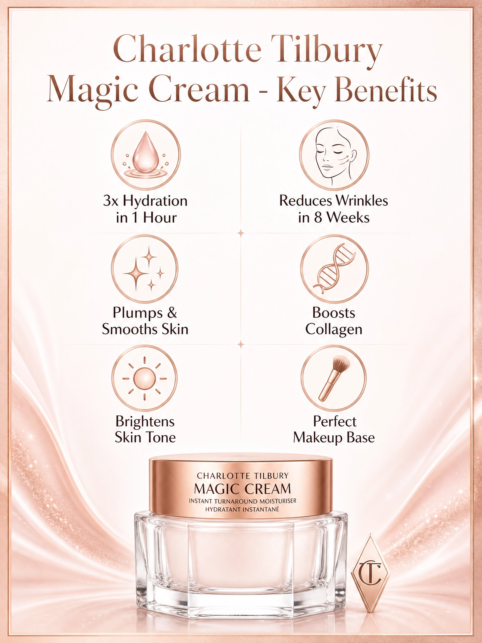 Charlotte Tilbury Magic Cream product types and sizes comparison — Travel 15ml, Standard 30ml, Regular 50ml, Giant 150ml refillable jars with price range