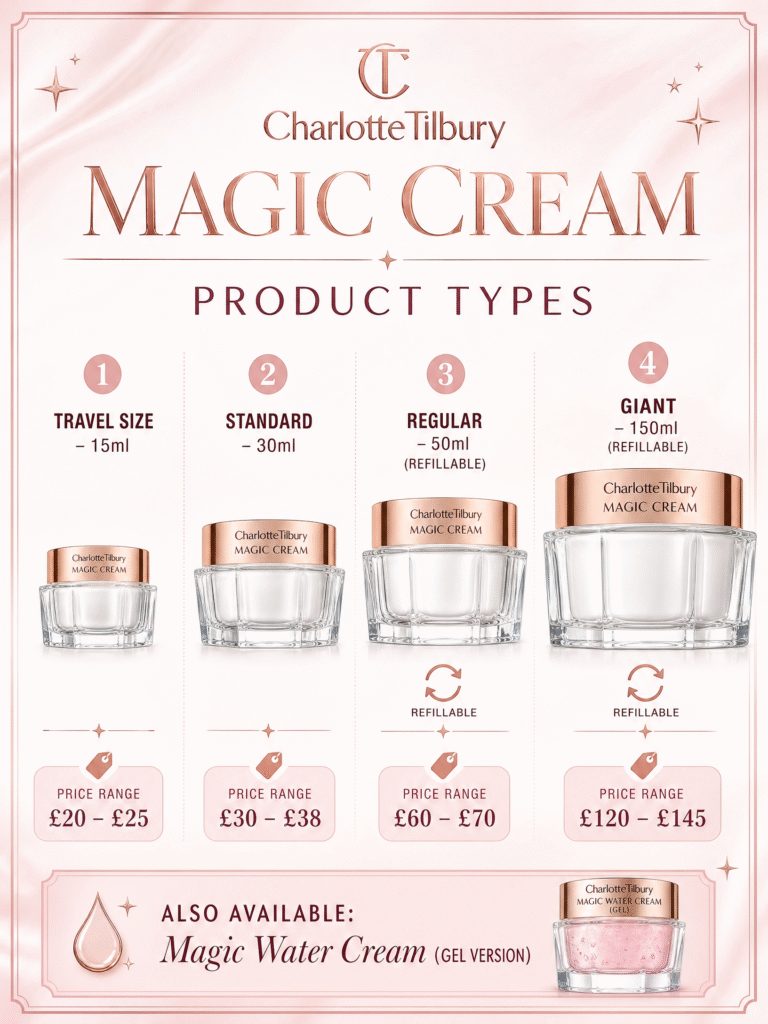 : Charlotte Tilbury Magic Cream before and after 8 weeks results showing reduced fine lines, plumper skin, glowing complexion, even skin tone, and smoother makeup application