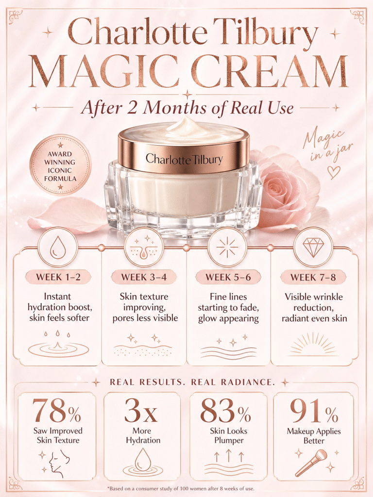 Charlotte Tilbury Magic Cream Key Benefits infographic showing 3x hydration, wrinkle reduction, skin plumping, collagen boost, skin brightening, and perfect makeup base with product jar