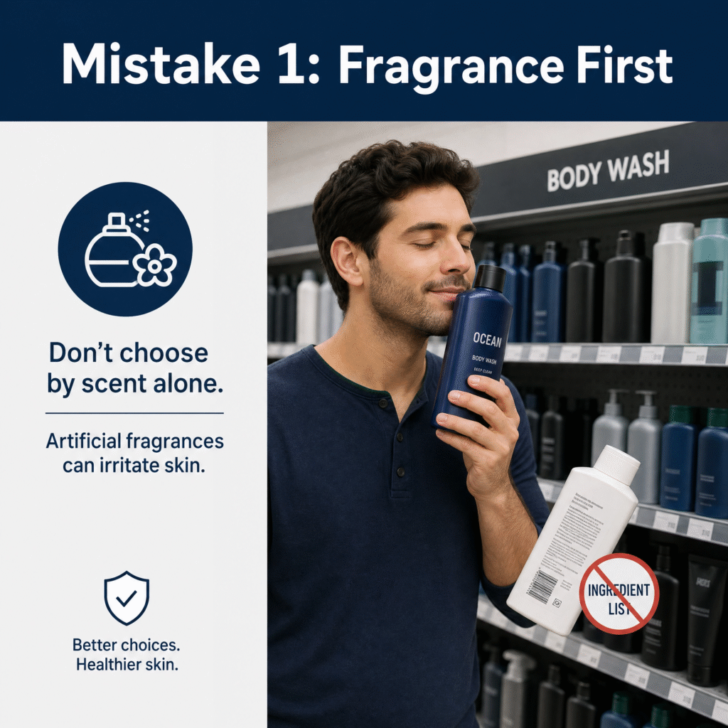 Infographic showing why 3-in-1 shampoo, face wash, and body wash products should be avoided because they can be too harsh for facial skin and ineffective for healthy hair care.