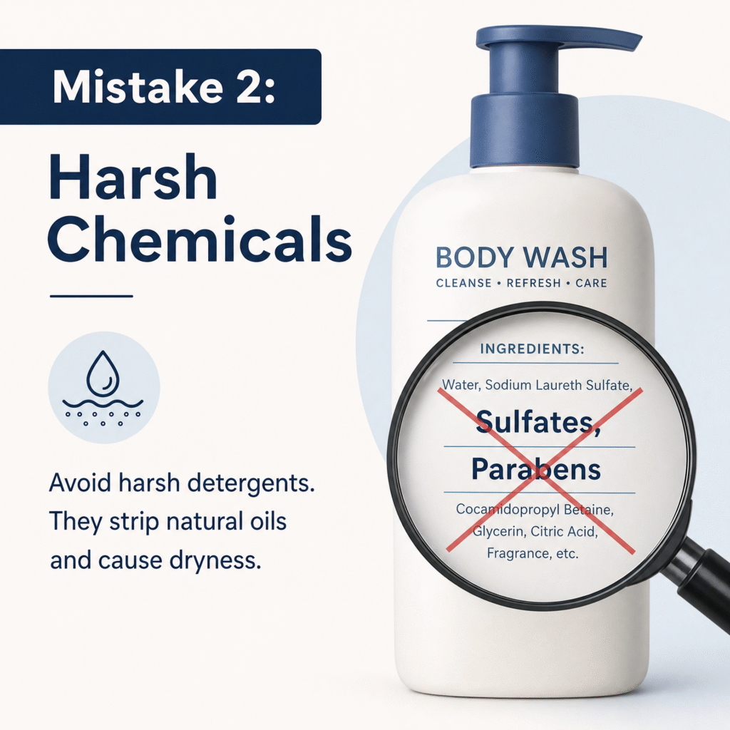 Infographic highlighting harsh chemicals in body wash, advising users to avoid sulfates and parabens because they strip natural oils and can cause skin dryness.