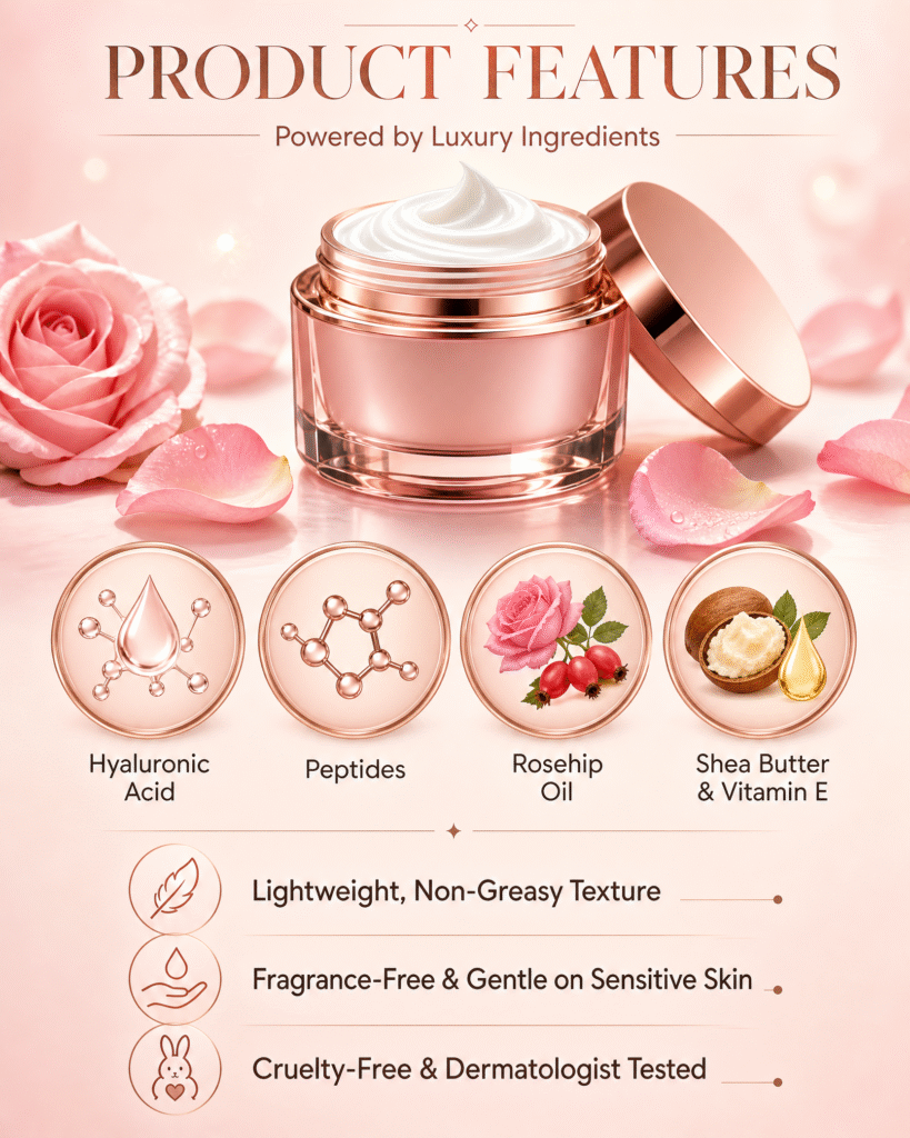 Charlotte Tilbury Magic Cream dupe key benefits — 24-hour deep hydration, instant glowing glass skin, plumps fine lines, perfect makeup base, anti-aging skincare benefits