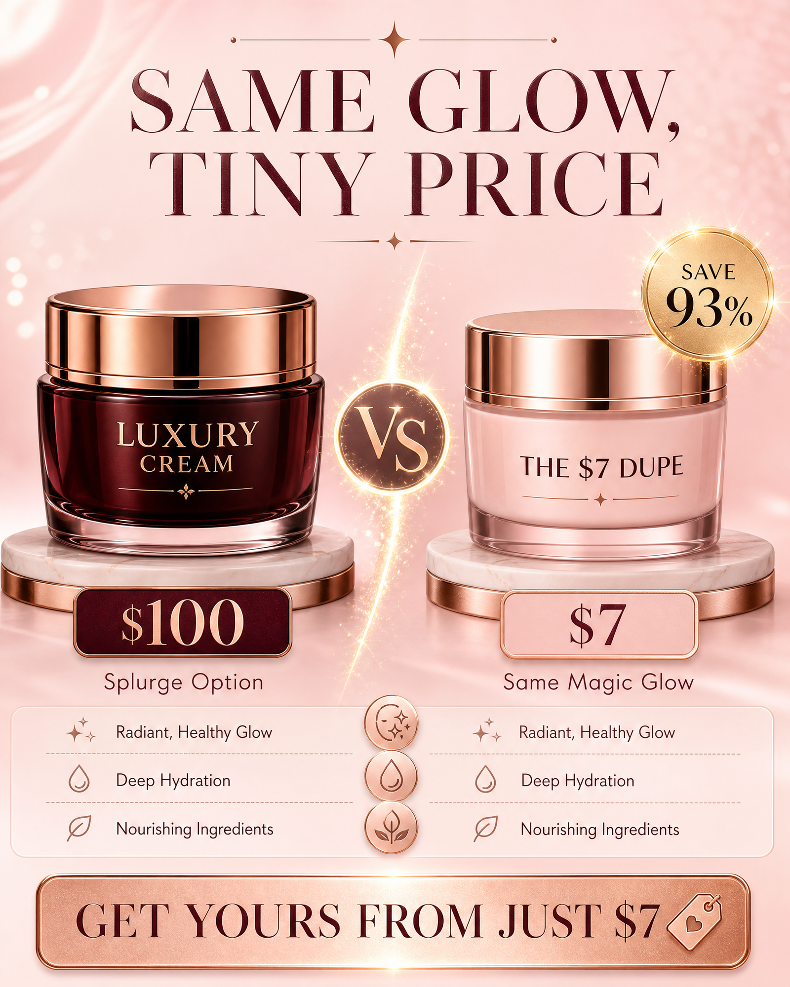 "Best Charlotte Tilbury Magic Cream dupe from just $7 — luxury rose gold moisturizer jar with glowing pink roses, affordable dupe for luxury skincare"