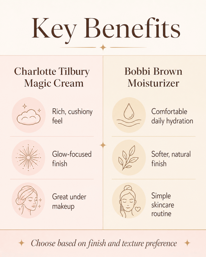 Key benefits comparison between Charlotte Tilbury Magic Cream and Bobbi Brown moisturizer, highlighting rich texture, glow-focused finish, makeup prep, daily hydration, natural finish, and simple skincare.