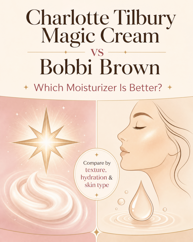 Charlotte Tilbury Magic Cream versus Bobbi Brown moisturizer comparison infographic showing differences in texture, hydration, glow, and preferred skin type.