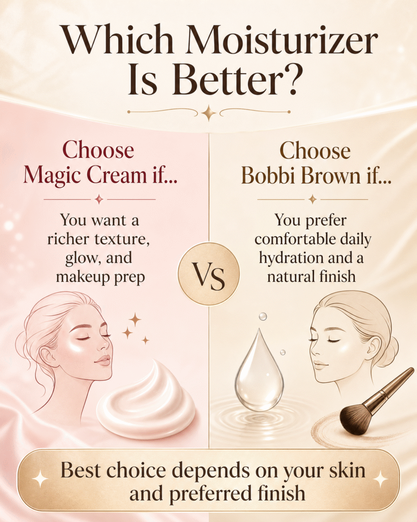 Final verdict infographic comparing Charlotte Tilbury Magic Cream and Bobbi Brown moisturizer, explaining that Magic Cream suits richer texture and glow preferences while Bobbi Brown suits comfortable hydration and a natural finish.