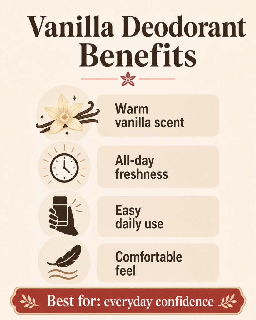 Old Spice Cashmere and Vanilla Wood vs Other Vanilla Deodorants: Which Is Best? 4 Vanilla deodorant benefits infographic showing warm vanilla scent, all-day freshness, easy daily use, comfortable feel, and everyday confidence, illustrated with vanilla flowers, a clock, a hand symbol, and a feather.
