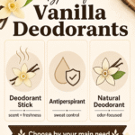Vanilla and wood scent profile infographic showing a creamy, warm, and woody fragrance through vanilla flowers, vanilla pods, a soft fragrance swirl, and cedar wood.