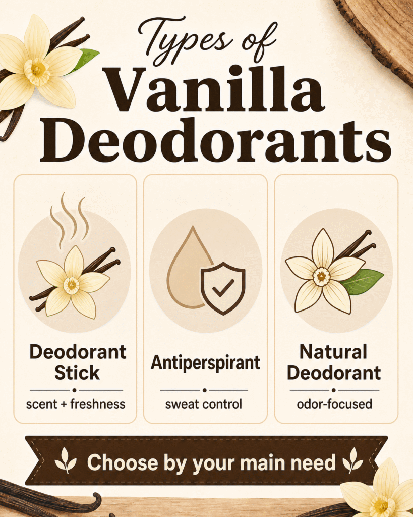 Old Spice Cashmere and Vanilla Wood vs Other Vanilla Deodorants: Which Is Best? 3 Comparison infographic between Old Spice Cashmere and Vanilla Wood and other vanilla deodorants, showing a richer woody scent versus a simpler vanilla option, with the final message that the best choice depends on scent and sweat-control needs.