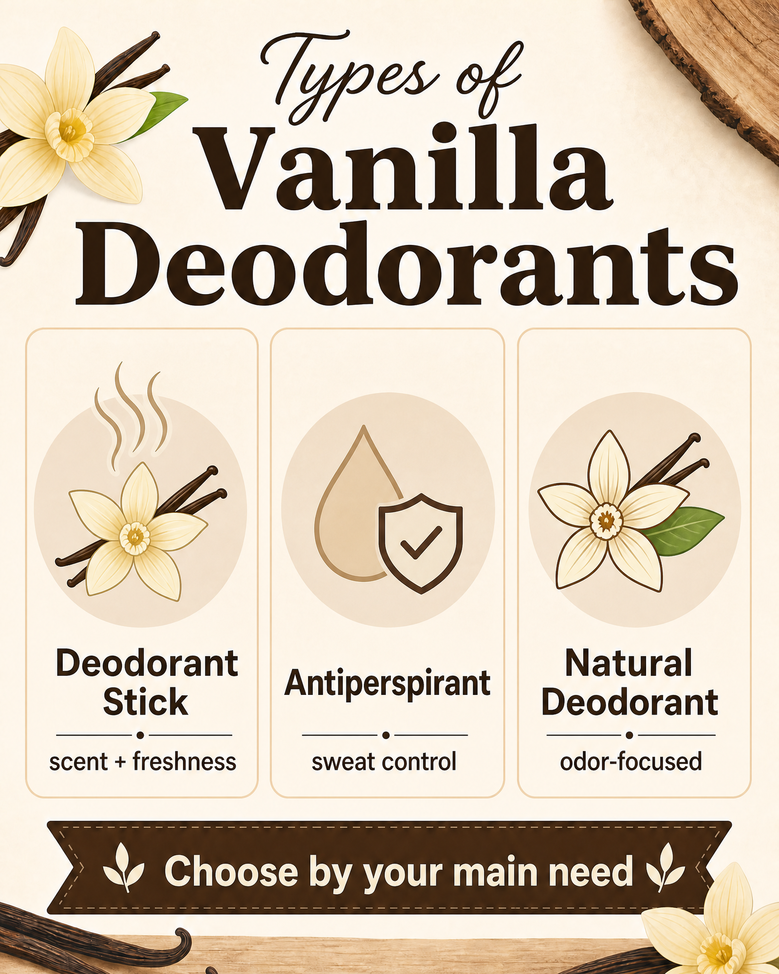 Old Spice Cashmere and Vanilla Wood vs Other Vanilla Deodorants: Which Is Best? 1 Vanilla and wood scent profile infographic showing a creamy, warm, and woody fragrance through vanilla flowers, vanilla pods, a soft fragrance swirl, and cedar wood.