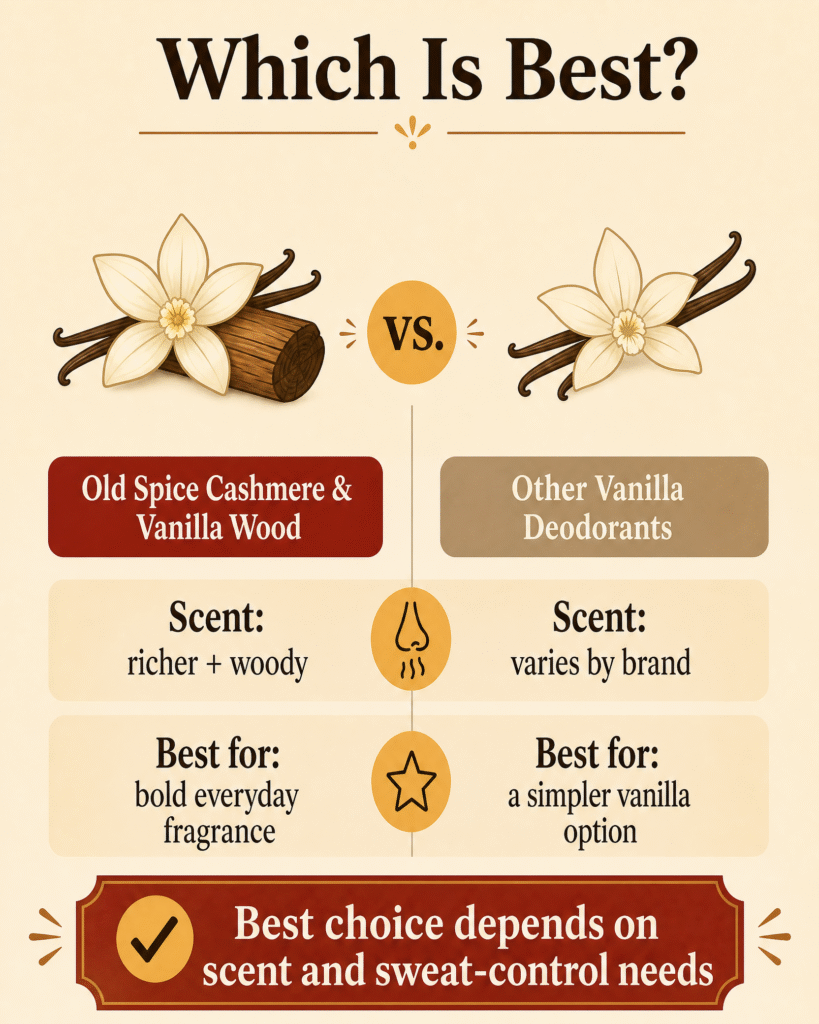Old Spice Cashmere and Vanilla Wood vs Other Vanilla Deodorants: Which Is Best? 2 Comparison infographic between Old Spice Cashmere and Vanilla Wood and other vanilla deodorants, showing a richer woody scent versus a simpler vanilla option, with the final message that the best choice depends on scent and sweat-control needs.
