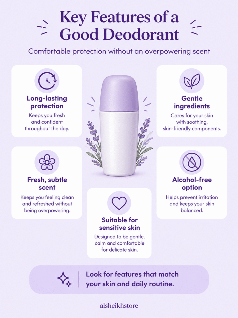 Best Deodorant for Someone Who Wants to Smell Good All Day Without Overpowering 2026 3 Purple beauty infographic highlighting important deodorant features, including long-lasting protection, gentle ingredients, a fresh subtle scent, alcohol-free options, and suitability for sensitive skin.
