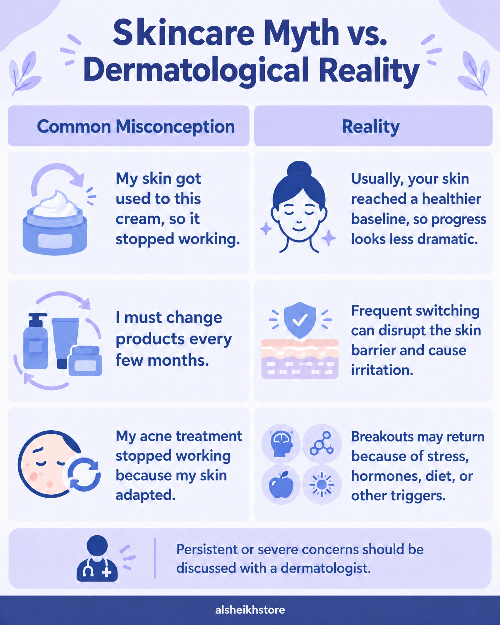 Skincare infographic explaining when to change a routine, including seasonal changes, hormonal or age shifts, new skin concerns, and changing one product at a time. Footer reads “alsheikhstore.”