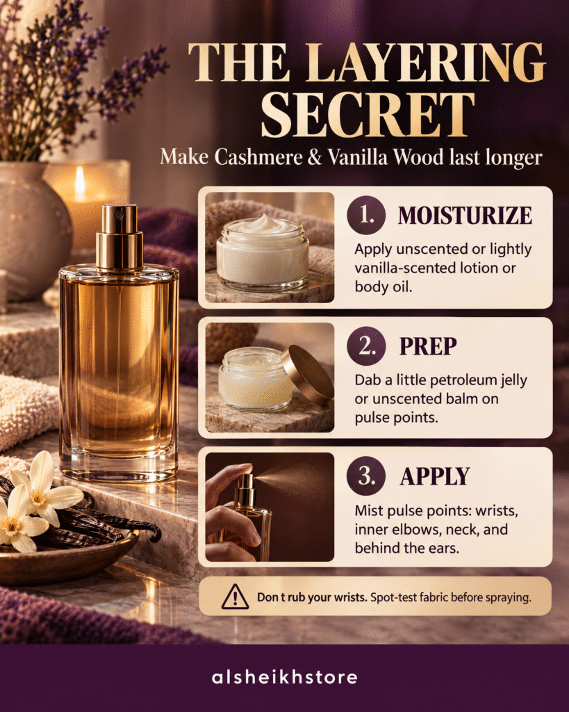 Purple and cream infographic showing a three-step routine to make Cashmere & Vanilla Wood last longer: moisturize skin, apply balm to pulse points, and spray the fragrance. Reminds readers not to rub their wrists and to spot-test fabric. “alsheikhstore” appears in the footer.