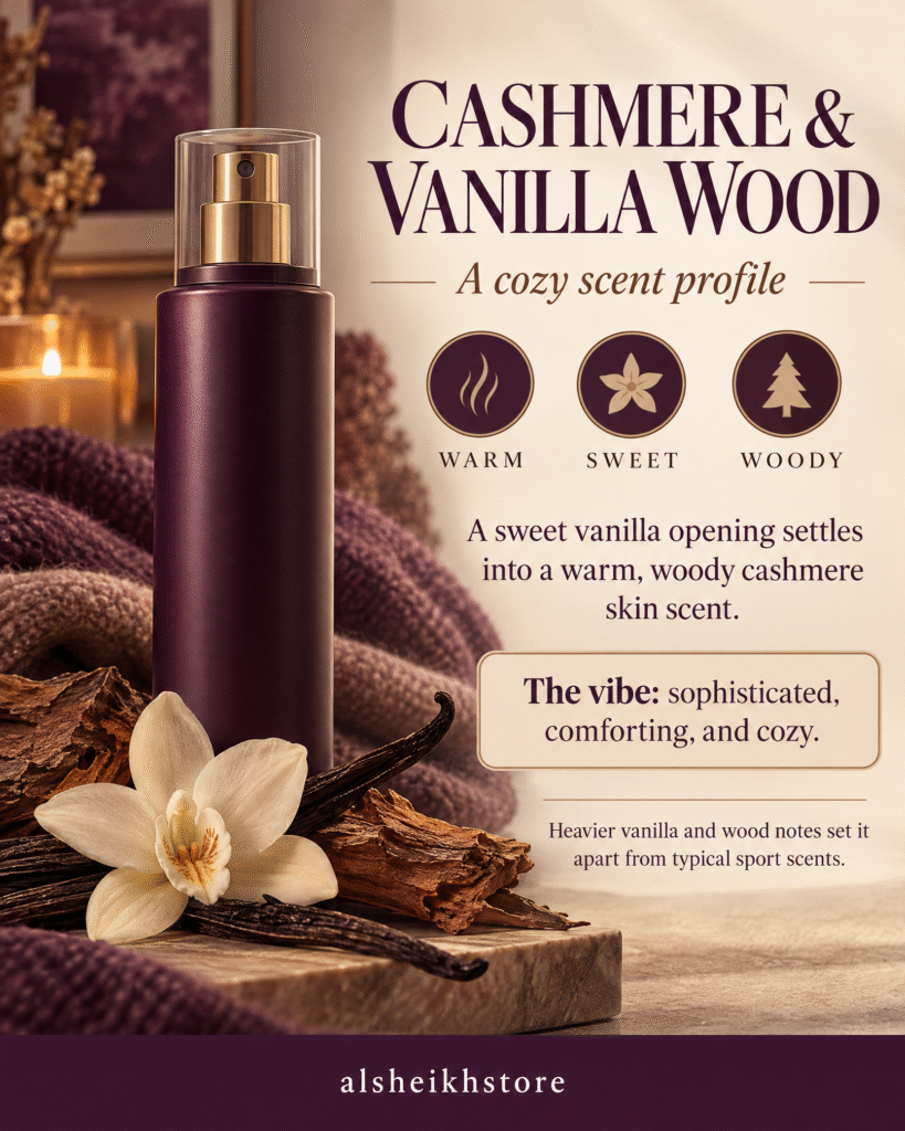 Fragrance profile infographic describing Cashmere & Vanilla Wood as warm, sweet, and woody, with a sweet vanilla opening that settles into a comforting woody cashmere scent. “alsheikhstore” appears in the footer.